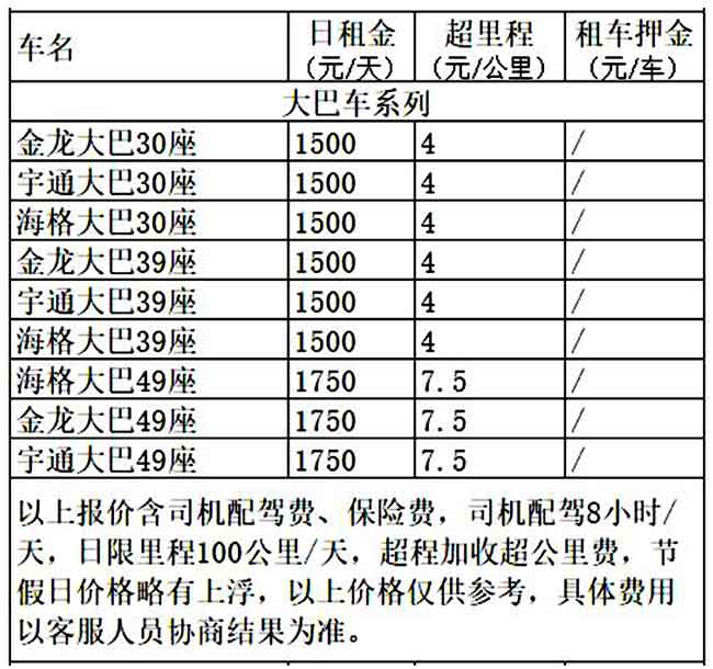 成都租大巴車價格表