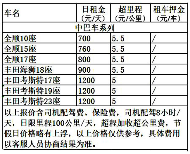 成都租中巴車價(jià)格表