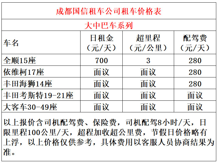 成都大巴租車價格表